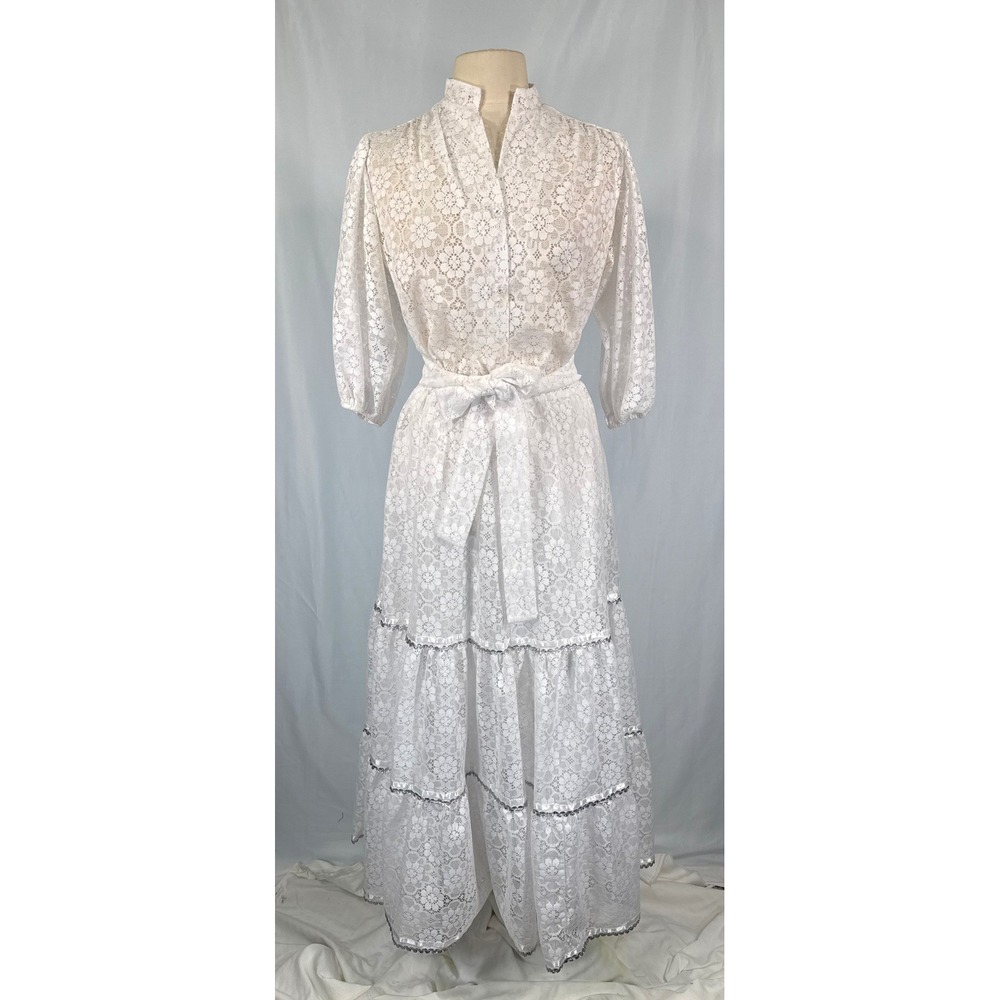 VTG Carefree Fashions White Floral Lace 2PC Maxi Skirt & Blouse Set Dress M